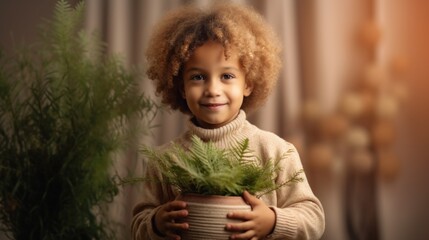 Fototapeta premium Cheerful youngster with an Afro hugs a pot and its green contents.