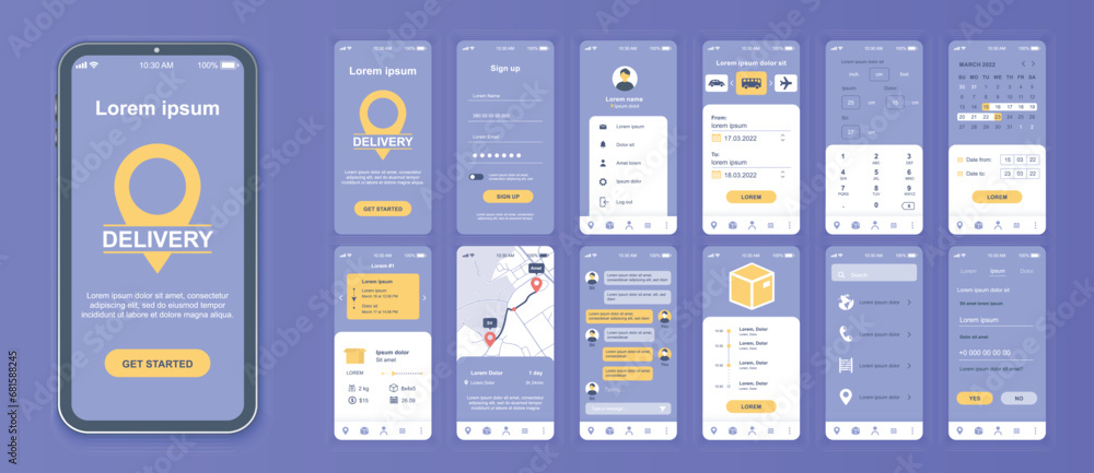 Poster delivery mobile app interface screens template set. account login, ordering shipping, parcel calcula