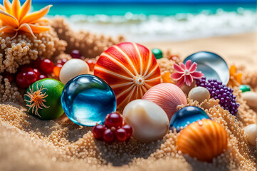 Fototapeta na wymiar A group of bright, colorful pearls lying on a beach