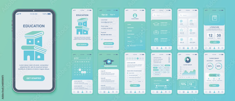 Poster Education mobile app interface screens template set. Account login, learning list at platform, literature lesson, progress data. Pack of UI, UX, GUI kit for application web layout. Vector design.