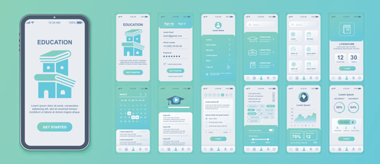 Education mobile app interface screens template set. Account login, learning list at platform, literature lesson, progress data. Pack of UI, UX, GUI kit for application web layout. Vector design.