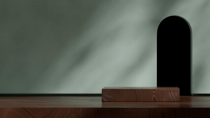 blank space block shape wood texture podium in landscape green wall and doorway, 3d rendering
