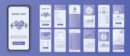 Fitness mobile app interface screens template set. Account login, calorie tracking, sport trainings list, weight data, calendar, map. Pack of UI, UX, GUI kit for application web layout. Vector design.