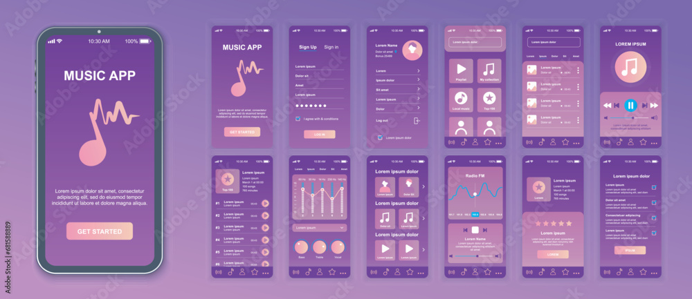 Fototapete music mobile app interface screens template set. account login, settings, song collection, playlists