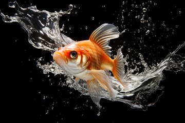  a goldfish jumping out of the water with a splash of water on it's back and it's head sticking out of the top of the water.