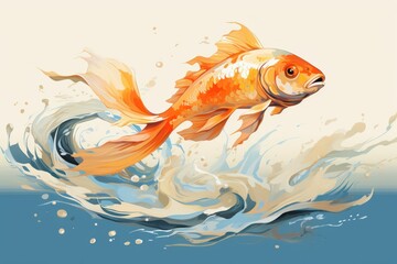  a painting of a goldfish in a body of water with a splash of water on the bottom of the image and the bottom of the image of the fish in the water.