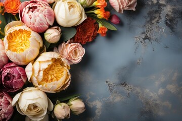Photo of a bouquet of colorful flowers on a clean dark background with copy space