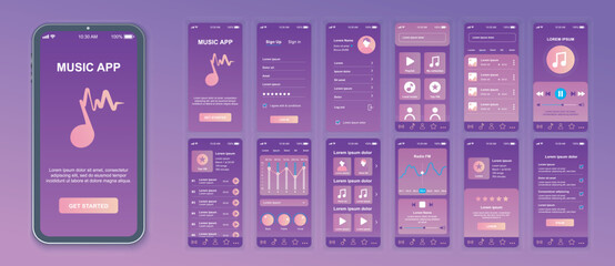 Music mobile app interface screens template set. Account login, settings, song collection, playlists, player and equalizer, radio. Pack of UI, UX, GUI kit for application web layout. Vector design.