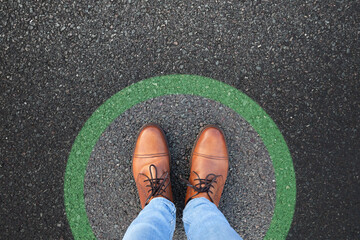 Comfort zone concept. Feet standing inside comfort zone circle. - obrazy, fototapety, plakaty