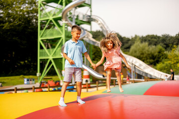 Kids jumping on inflatable trampoline, having fun visiting amusement park during a summer vacation. Brother with a sister spending leisure time together - obrazy, fototapety, plakaty