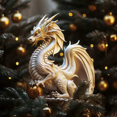 Fototapeta premium christmas tree and decorations, dragon toy