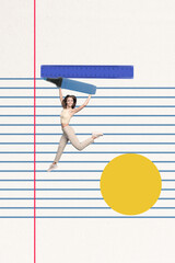 Photo vertical collage picture of funny woman jumping holding blue marker pencil student ready for...