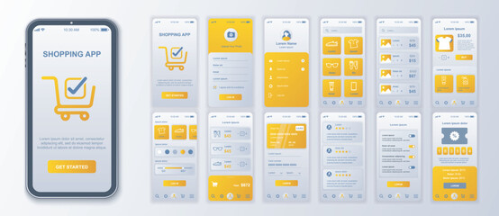 Shopping mobile app interface screens template set. Account login, assortment goods with price, ordering, online payment, get coupon. Pack of UI, UX, GUI kit for application web layout. Vector design.