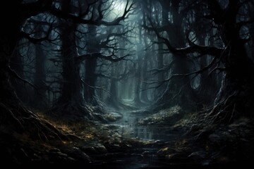  a painting of a dark forest with a stream running through the center of the forest, with trees on both sides of the path and a full moon in the distance. - obrazy, fototapety, plakaty