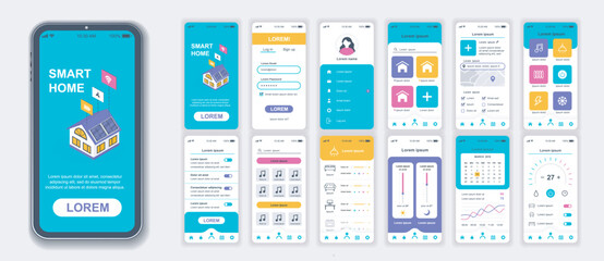 Smart home mobile app interface screens template set. Account login, automation management, appliance monitoring, security system. Pack of UI, UX, GUI kit for application web layout. Vector design. - obrazy, fototapety, plakaty