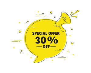 special offer 30% off. Megaphone chat bubble banner alert. Discount offer price sign. Special offer symbol.Discount tag dialog message loudspeaker. Vector illustration