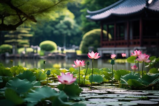 Japanese garden with a lotus pond and a pagoda. Peaceful and beautiful landscape with water lilies and green trees.
