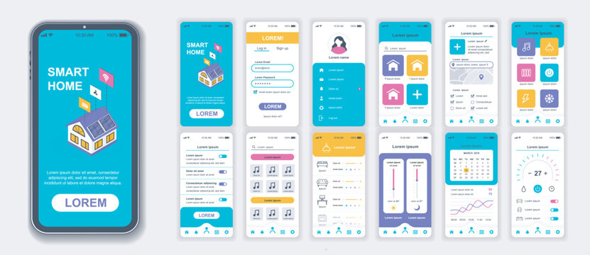 Smart home mobile app interface screens template set. Account login, automation management, appliance monitoring, security system. Pack of UI, UX, GUI kit for application web layout. Vector design.