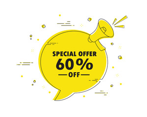 special offer 60% off. Megaphone chat bubble banner alert. Discount offer price sign. Special offer symbol.Discount tag dialog message loudspeaker. Vector illustration