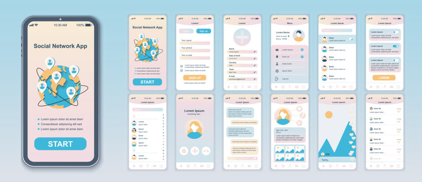 Social network mobile app interface screens template set. Account login, friends chat, contact calling, chat, live stream, statistic. Pack of UI, UX, GUI kit for application web layout. Vector design.