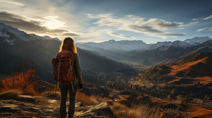Obraz premium Tourist lady with back pack at a mountain peak and looking at misty mountain range landscape with cloudy morning sky sunset 