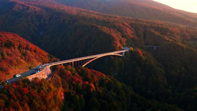 ドローンで空撮した日本の紅葉、青森県城ヶ倉大橋（Aomori Autumn Leaves 4K）
