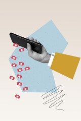 Creative pop retro poster collage of person blogger check social media account on smart device...