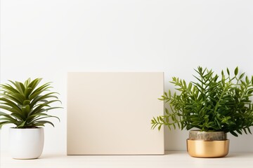 Home Plants in Front of Blank Canvas. Aesthetic Mockup for Watercolor Art Inspiration