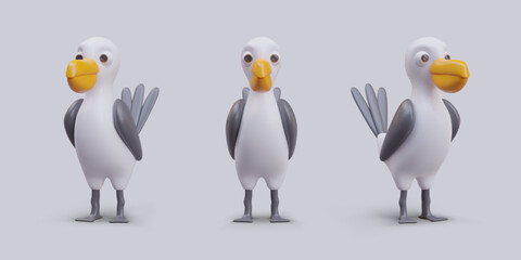 Set of 3D seagulls in different positions. Vector bird with folded wings. Colorful funny character, pelican. Set of isolated color images for web design. Comic creature in cartoon style