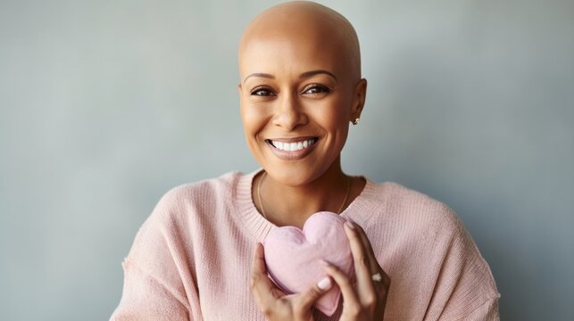 Woman battling cancer, bald and cheerful, dressed in soft colors, posing on a pastel set.