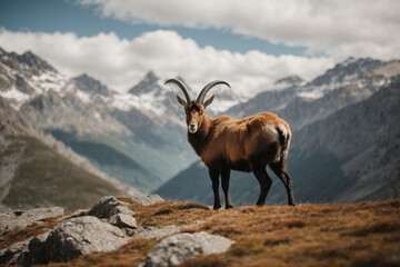A closeup on an alpine ibex alone surrounded by out of focus mountains. Generative AI.
