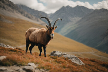 Closeup on an alpine ibex alone surrounded by out of focus mountains. Generative AI.