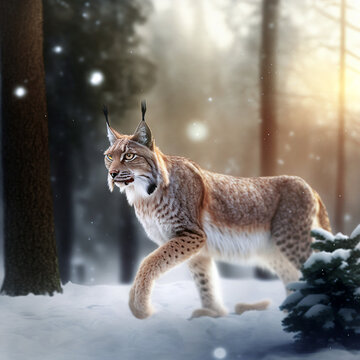 Lynx, low contrast, high sharpness, facial symmetry, depth of field, golden hour, super detailed image. Wild animals.
