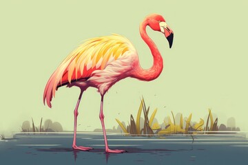  a flamingo standing in a body of water with its head turned to the side and it's legs in the water and it's legs in the air.