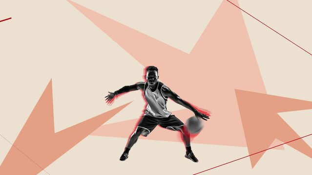 Young African man, professional basketball player in motion, throwing ball with hand and wins. Stop motion, animation. Concept of professional sport, competition and match, dynamics.