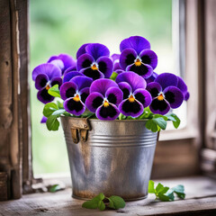 Bright purple pansy bouquet in a metal pail by a sunny window