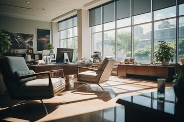 modern office interior overlooking the city skyline - obrazy, fototapety, plakaty
