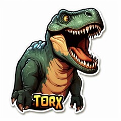 Tyrannosaurus rex dinosaur sticker. Dinosaur: Tyrannosaurus rex with powerful jaws open, ferocious might of the t-rex. T-rex Sticker. Sticker. Logotype.