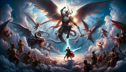 Eternal Combat: The Battle Between Archangel Michael and the Dragon - obrazy, fototapety, plakaty