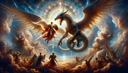 Epic Battle in Heaven as in the Book of Revelation: Saint Michael the Archangel Defeats Satan the Dragon - obrazy, fototapety, plakaty