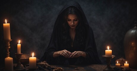 Image capturing a mysterious dark witch engaged in a divination ritual during the bewitching midnight of Halloween