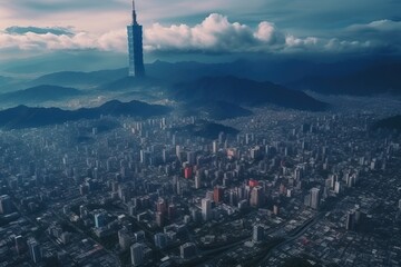  a bird's eye view of a city with a tall building in the middle of the city with mountains in the background and a cloudy sky filled with clouds.