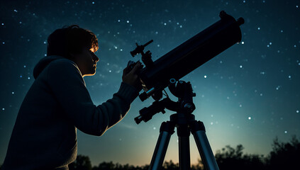 Astronomer with a telescope watching the stars and Moon doing astronomy work - obrazy, fototapety, plakaty