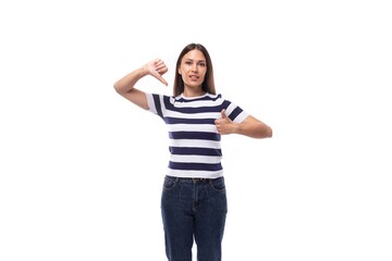 slim young caucasian brunette promoter woman in a striped black and white t-shirt on a white background