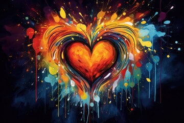  a painting of a heart with paint splatters all over it and a splash of paint all over the top of the heart and bottom half of the image.