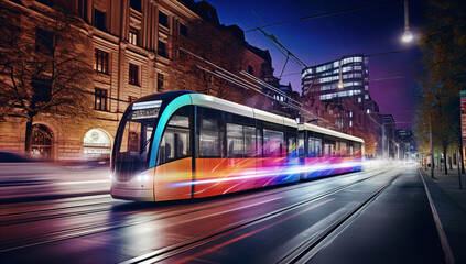 Tram at night with motion
