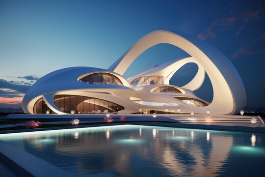  a futuristic building with a swimming pool in front of it at dusk or dawn with the sun shining on the building and the water reflecting off of it's surface.