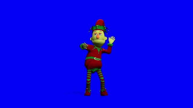 puppet elf santa helper is doing a cheer hands and waving dance in a blue chroma key background