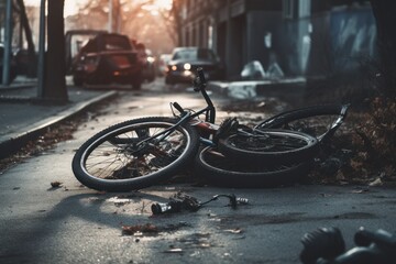  a bike laying on the side of a road next to a pile of debris on the side of a road next to a street light pole and a car on the other side of the road.