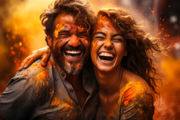 Holi holiday happy couple in love perfectly conveys the joyful and bright moment of joy and togetherness, the background is filled with the cheerful chaos of colorful powders
